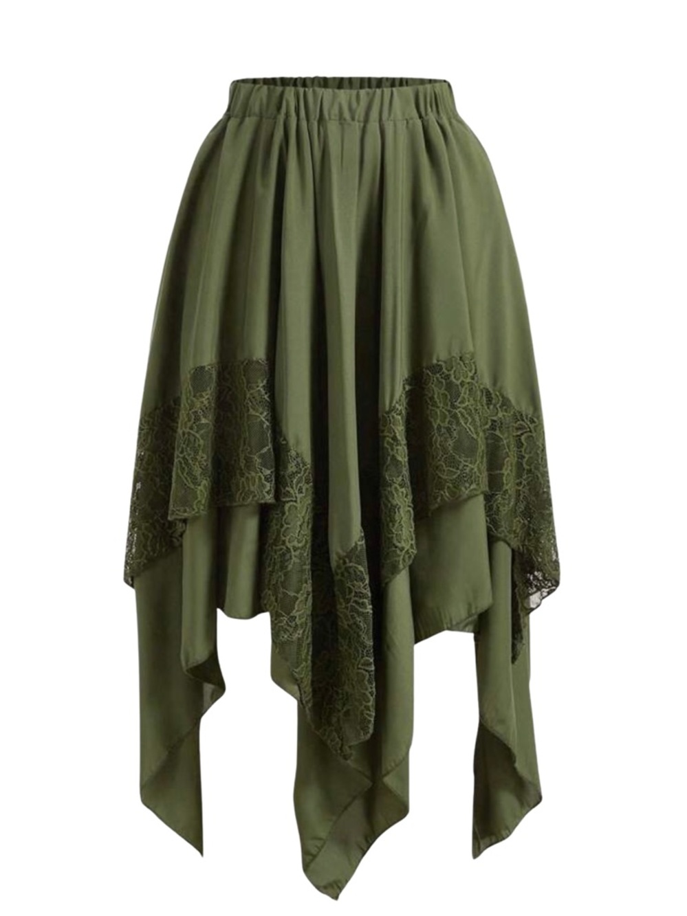 Olive Green Asymmetrical Lace-Hem steampunk fairycore Skirt